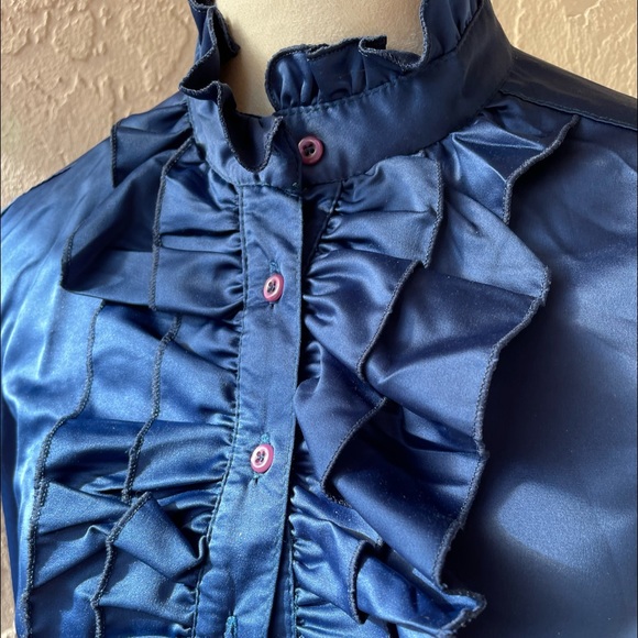 WOMAN BLUE BLOUSE LONG SLEEVES RUFFLED NECKLINE HIGH NECK BUTTONS SIZE M - Picture 4 of 16